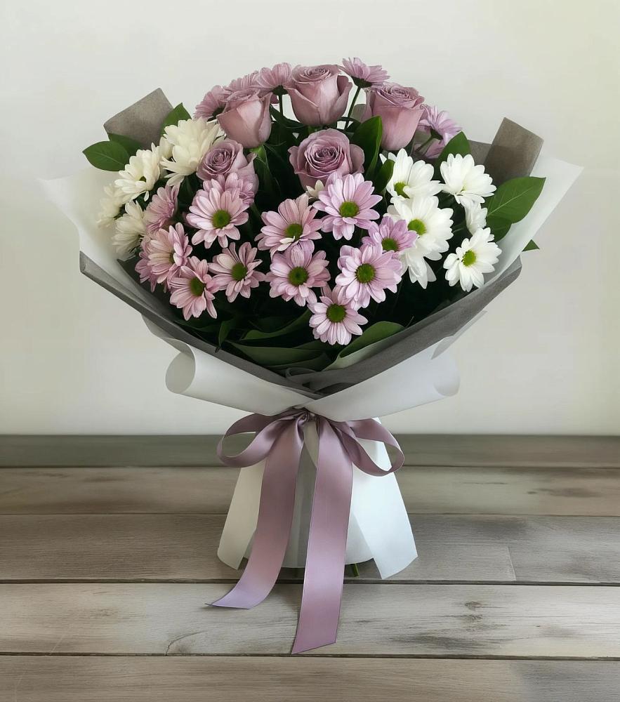 Букет цветов из: Хризантемы и Розы в Новоромановском