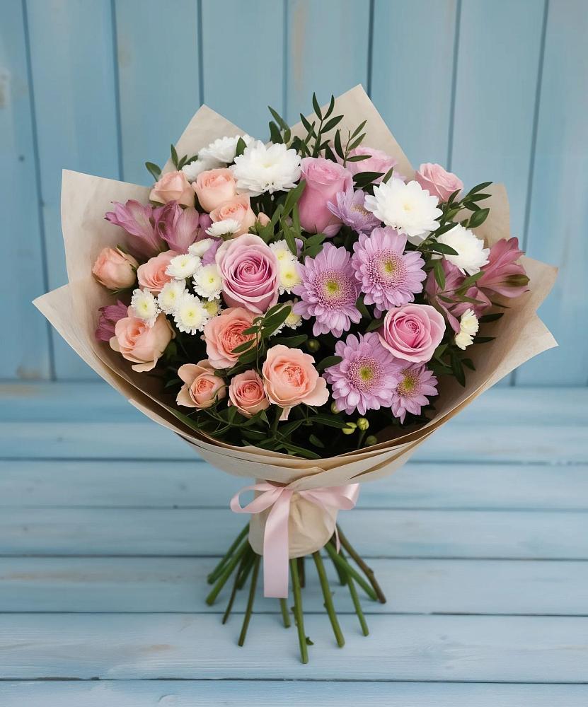 Букет цветов из: Хризантемы, Розы и Альстромерии в Новоромановском