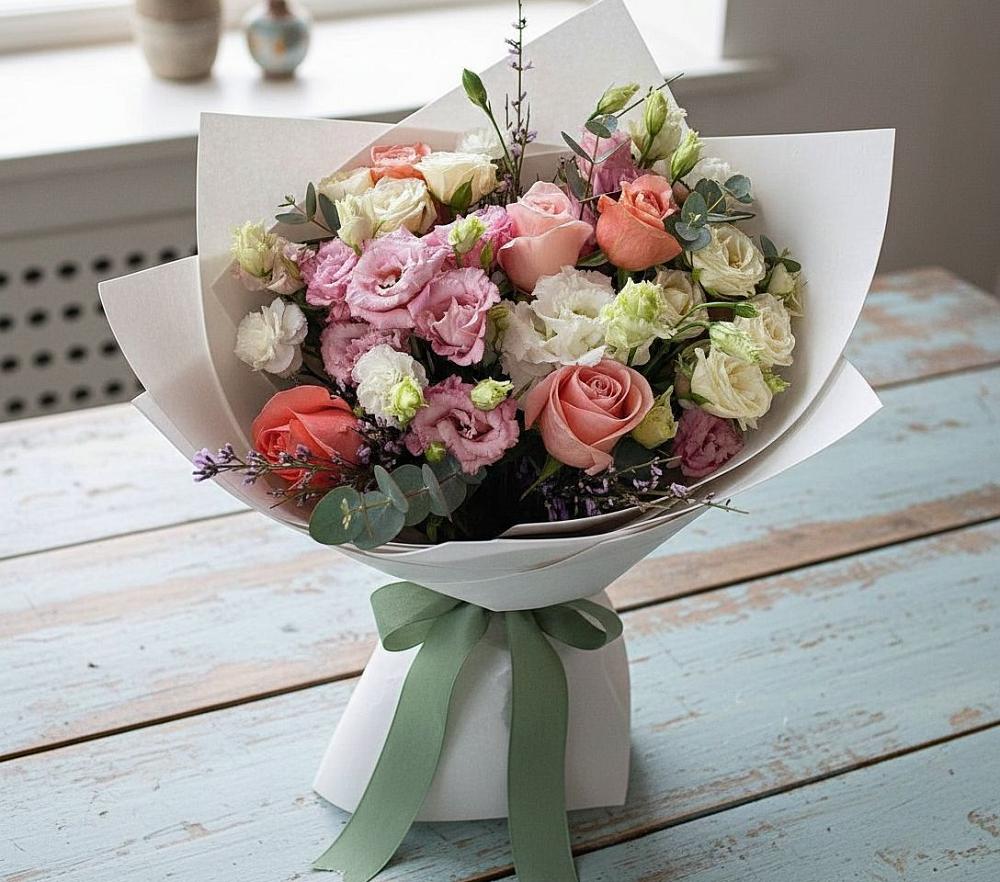 Букет цветов из: Розы, Лизиантусы и Гвоздики в Новоромановском