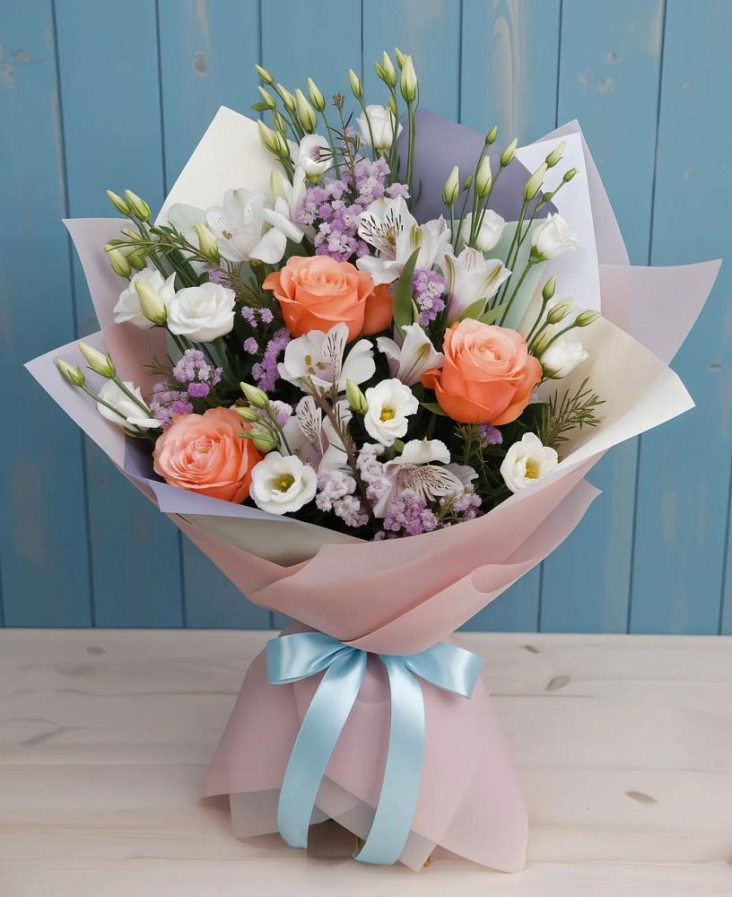 Букет цветов из: Лизиантусы, Розы, Альстромерии и Гипсофила в Новоромановском