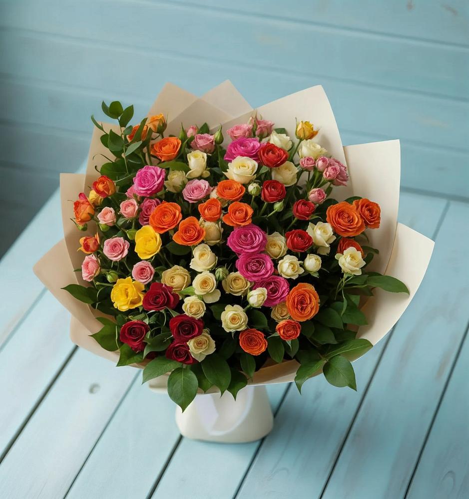 Букет Микс из разноцветных кустовых роз в Новоромановском